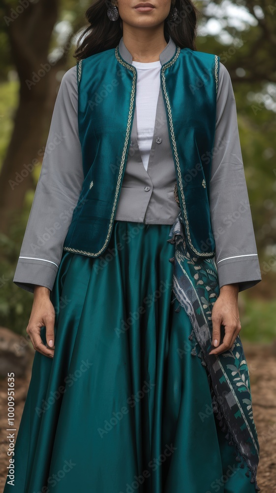 Fototapeta premium Elegant Fashion Photography Featuring a Model in Teal and Gray Attire