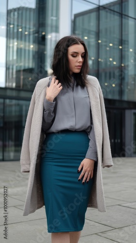 Chic Urban Fashion: Model in Teal Skirt and Grey Blouse