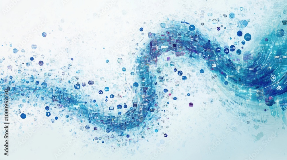 Beautiful swirling trails of information icons form an intricate abstract pattern on a light-blue backdrop, creating a captivating artistic display Beautiful swirling trails of information icons form an intricate abstract pattern on a light-blue backdrop, creating a captivating artistic display