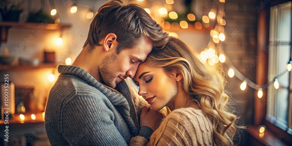 In a warm, cozy interior, a young couple's gentle embrace glows with soft lighting, creating an atmosphere rich In a warm, cozy interior, a young couple's gentle embrace glows with soft lighting, creating an atmosphere rich