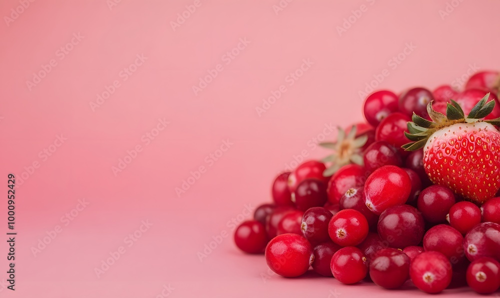 Soft red background with red berries, cranberries, raspberries and strawberries, Generative AI Soft red background with red berries, cranberries, raspberries and strawberries, Generative AI