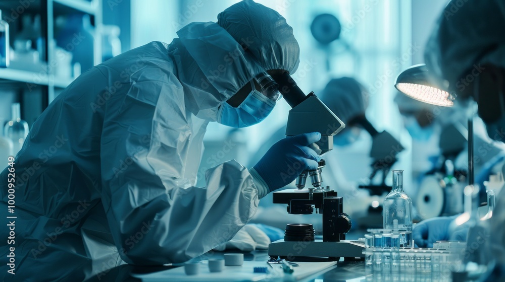 A scientist is looking through a microscope at a sample A scientist is looking through a microscope at a sample