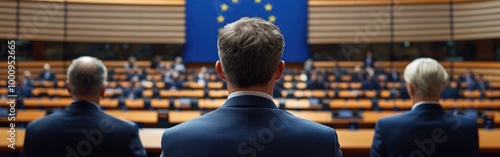 Formal politicians gather in front of the European Union flag at the parliament