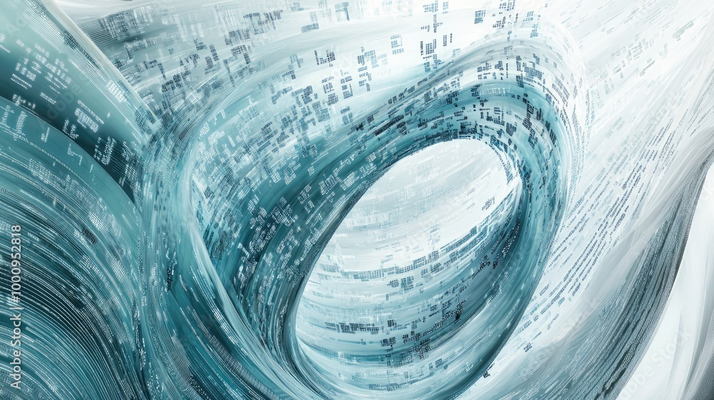 Obraz premium Swirling trails of binary code and digital lines form an intricate abstract pattern on a light-blue background, symbolizing information processing