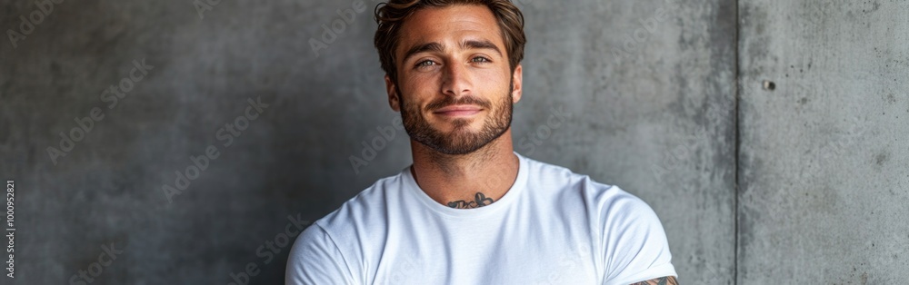 Fototapeta premium A stylish man with tattoos poses confidently in a white oversized t-shirt