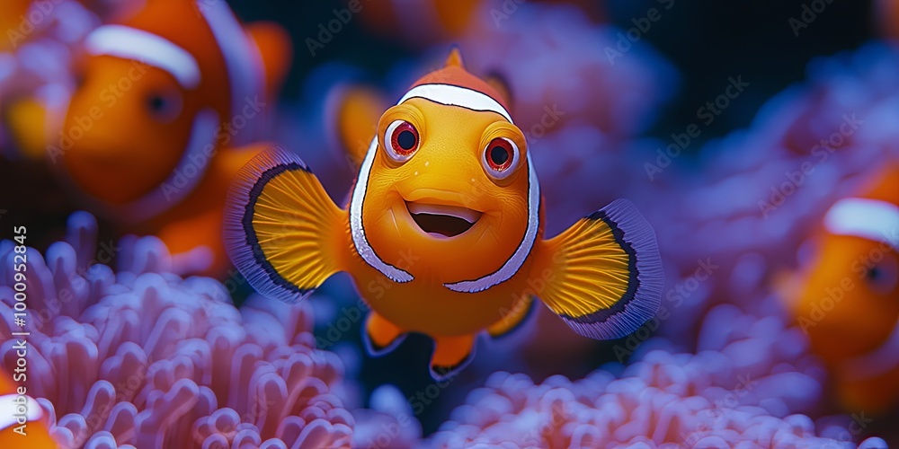 A cheerful clownfish with a bright orange body and white stripes swims towards the camera, its fins spread wide, in a vibrant underwater scene with purple coral A cheerful clownfish with a bright orange body and white stripes swims towards the camera, its fins spread wide, in a vibrant underwater scene with purple coral