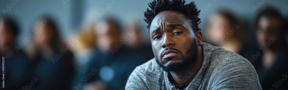 Anxiety and sadness reflect on a man's face as he participates in a support group Anxiety and sadness reflect on a man's face as he participates in a support group