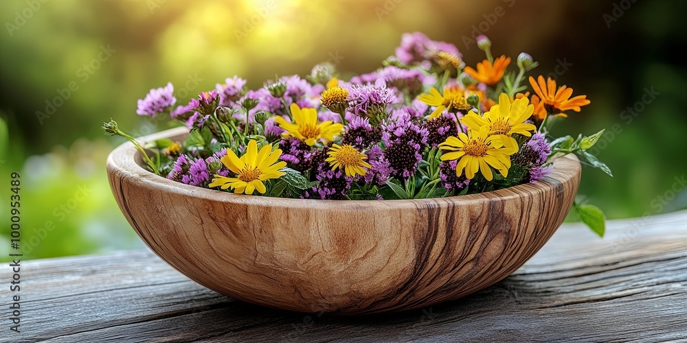 A wooden bowl overflowing with a vibrant bouquet of wildflowers, capturing the beauty of a summer meadow in bloom A wooden bowl overflowing with a vibrant bouquet of wildflowers, capturing the beauty of a summer meadow in bloom