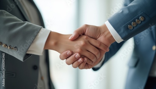 Two business professionals shake hands in a formal setting, symbolizing agreement and partnership. The focus is on the handshake.