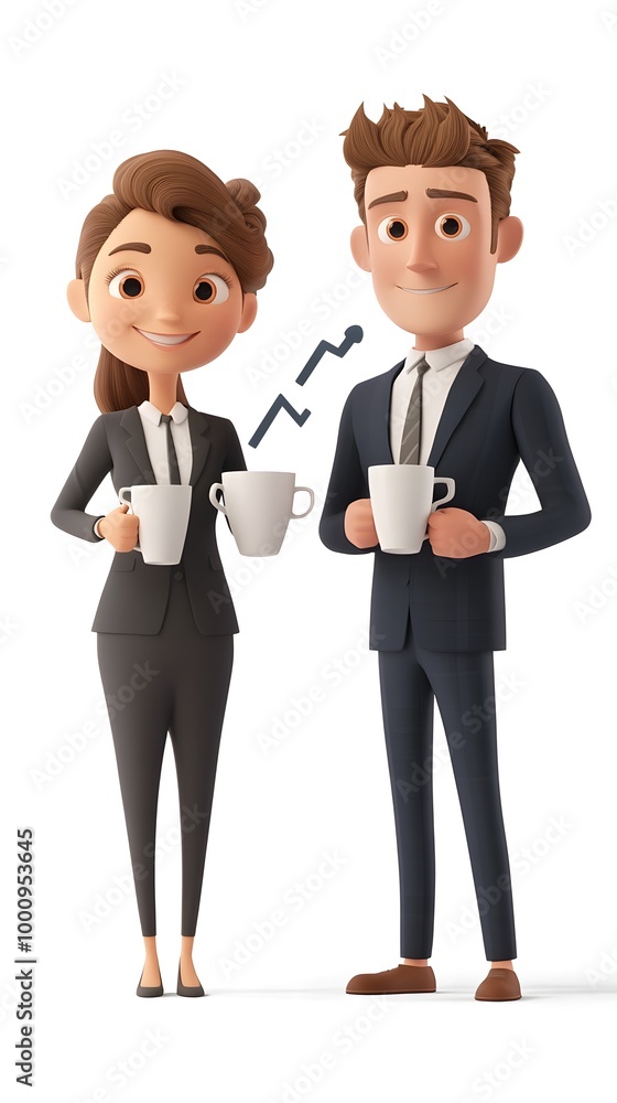 3D cartoon, two people talking with coffee mugs and laptops in their hands 3D cartoon, two people talking with coffee mugs and laptops in their hands