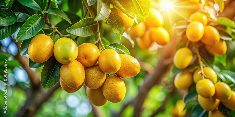 Golden marula fruit dangles from a sturdy tree, embraced by lush green foliage, glowing under the radiant sun in a vibrant tropical landscape. Golden marula fruit dangles from a sturdy tree, embraced by lush green foliage, glowing under the radiant sun in a vibrant tropical landscape.