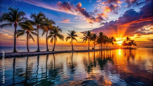 Golden hues blend into a tranquil sunset over Marco Island, where silhouetted palm trees frame the scene, and soft waves create a soothing atmosphere.