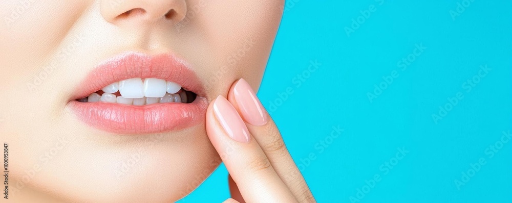 Fototapeta premium Close-up of a woman biting her lip in pain, holding her jaw, toothache expression, painful moment