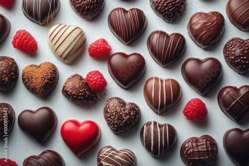 Flat lay of heart-shaped chocolate boxes with various colors and designs, surrounded by raspberries on a white background, Valentine's Day concept, high-resolution photography 