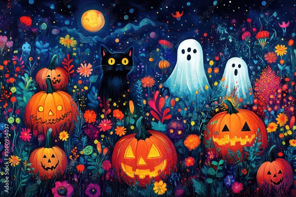 a vibrant halloween banner filled with traditional symbols like pumpkins ghosts and a mischievous black cat capturing the playful spirit of the holiday in vivid colors and whimsical designs a vibrant halloween banner filled with traditional symbols like pumpkins ghosts and a mischievous black cat capturing the playful spirit of the holiday in vivid colors and whimsical designs