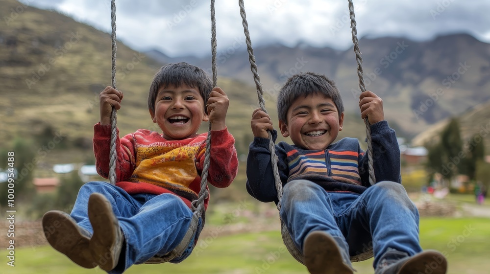Joyful Peruvian Boy and Friend Swinging High in Playground Adventure Joyful Peruvian Boy and Friend Swinging High in Playground Adventure