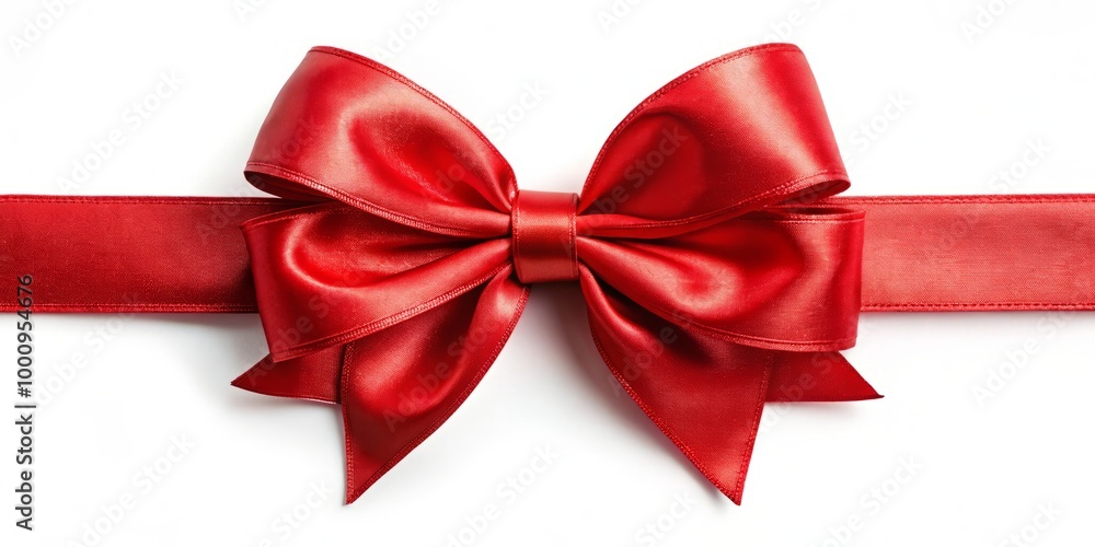 Lustrous red bow and ribbon set against a clean white background, ideal for adding a festive charm to Lustrous red bow and ribbon set against a clean white background, ideal for adding a festive charm to