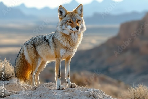 a watchful coyote standing poised on a rocky outcrop overlooking a vast desert landscape with mountains in the distance embodying the spirit of the wild photo