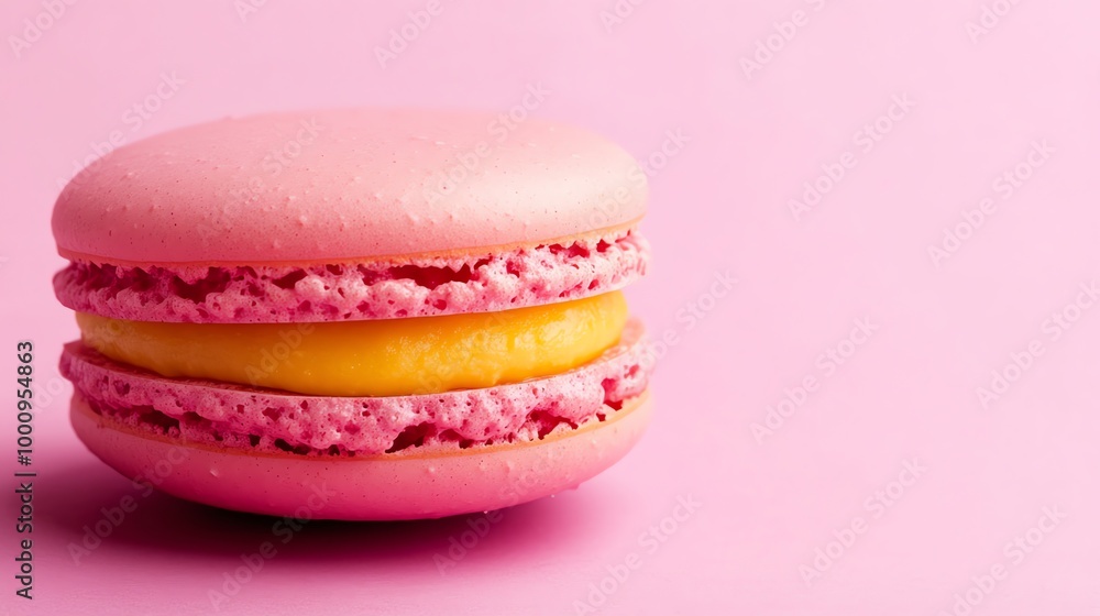 A pink macaron with yellow filling on a pink background. A pink macaron with yellow filling on a pink background.