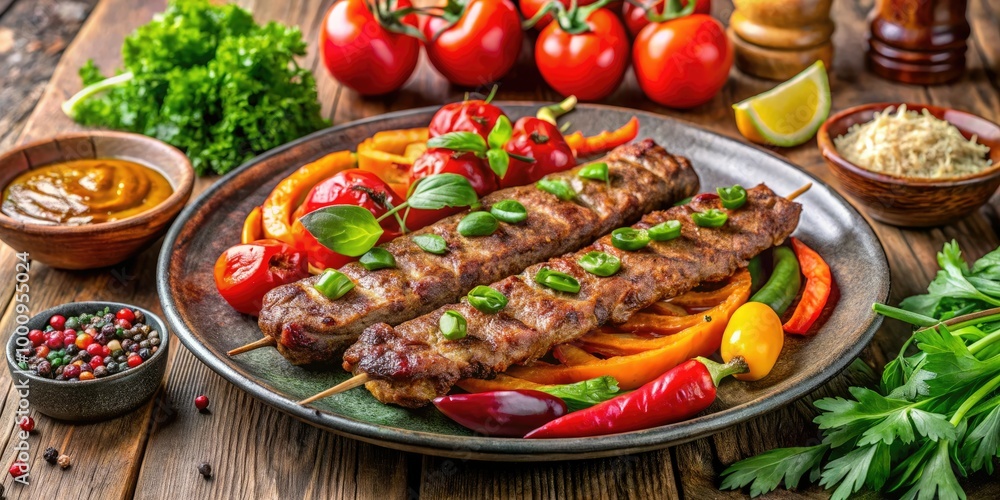 Indulge in succulent Adana Kebap, perfectly plated with fresh vegetables and vibrant grilled peppers, creating a delightful feast that pleases every palate and satisfies every appetite. Indulge in succulent Adana Kebap, perfectly plated with fresh vegetables and vibrant grilled peppers, creating a delightful feast that pleases every palate and satisfies every appetite.