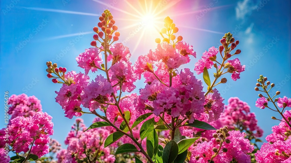 Lagerstroemia speciosa displays vibrant blossoms, bursting with color under a clear blue sky on a sunny day, showcasing nature’s beauty in full bloom. Lagerstroemia speciosa displays vibrant blossoms, bursting with color under a clear blue sky on a sunny day, showcasing nature’s beauty in full bloom.