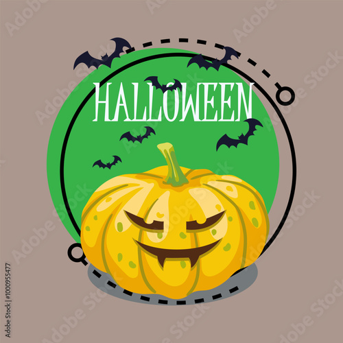 Halloween lettering with cunning pumpkin lantern character. Flying bats on background. Typed text, calligraphy. Holiday, celebration, party concept. Vector illustration for invitation, banner design