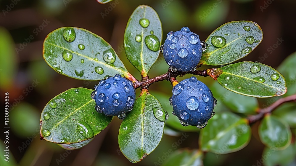 Three dew-covered blueberries perched on a branch of vibrant green foliage, glistening with the remnants of a gentle rain shower Three dew-covered blueberries perched on a branch of vibrant green foliage, glistening with the remnants of a gentle rain shower