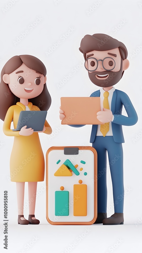 Fototapeta premium 3D cartoon, two people talking with coffee mugs and laptops in their hands