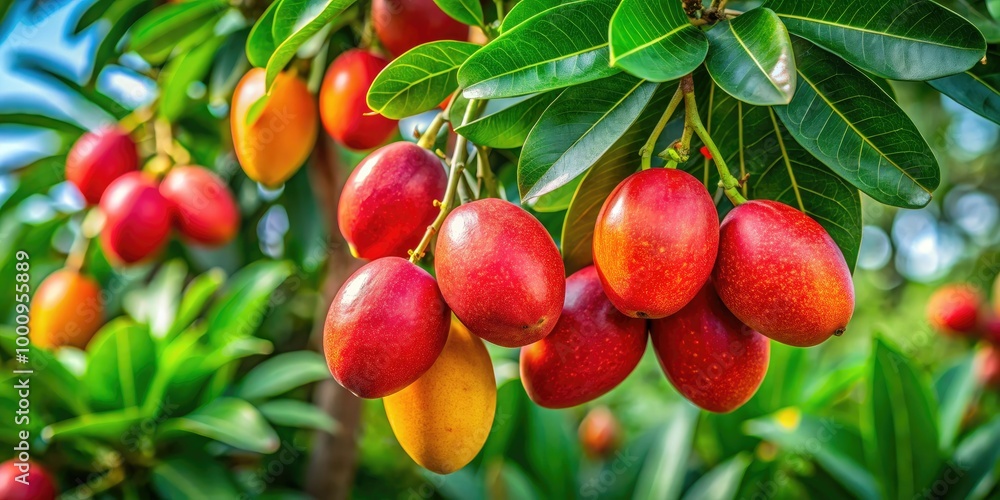 Obraz premium Lush green foliage cradles Hippomane mancinella fruits, which hang delicately from a tropical tree, their bright allure contrasting with the verdant paradise surrounding them.