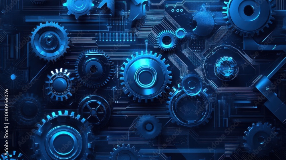 A vibrant blue design featuring gears, circuit boards, and abstract shapes, illustrating the essence of modern IT systems. A vibrant blue design featuring gears, circuit boards, and abstract shapes, illustrating the essence of modern IT systems.