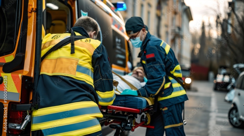 Two emergency medical personnel are attending to a patient in an ambulance Two emergency medical personnel are attending to a patient in an ambulance