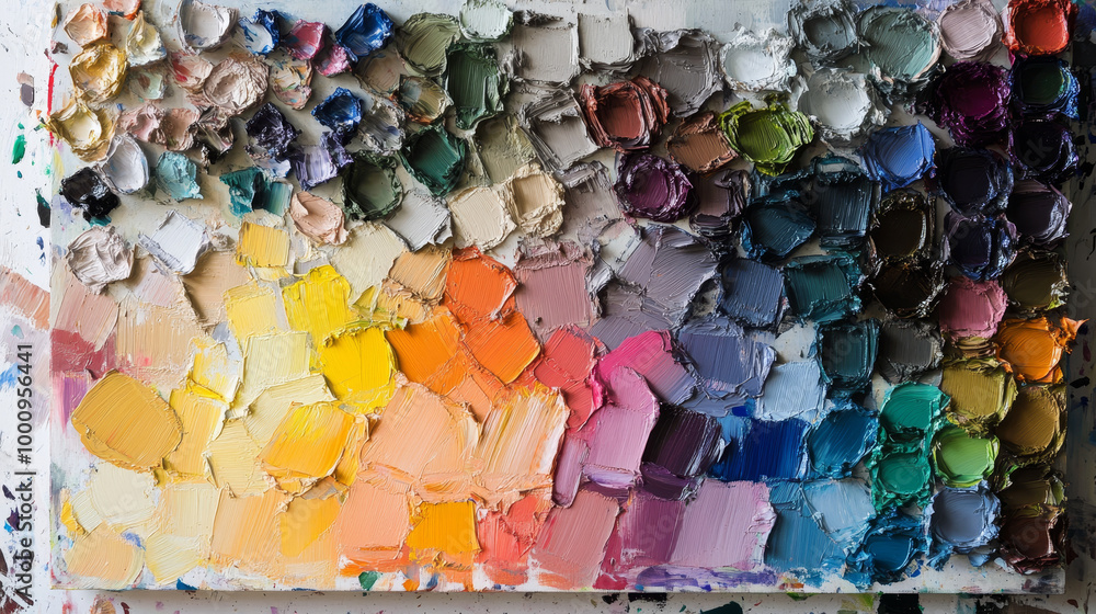 Show the process of mixing colors on a palette, with different hues blending together to create new shades. Show the process of mixing colors on a palette, with different hues blending together to create new shades.