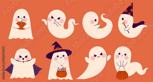 Set of cute ghost characters. Halloween phantom, spirit. Happy holiday, Halloween for kids. Vector illustration in flat style isolated on white background. Kawaii Halloween. 31 October collection.