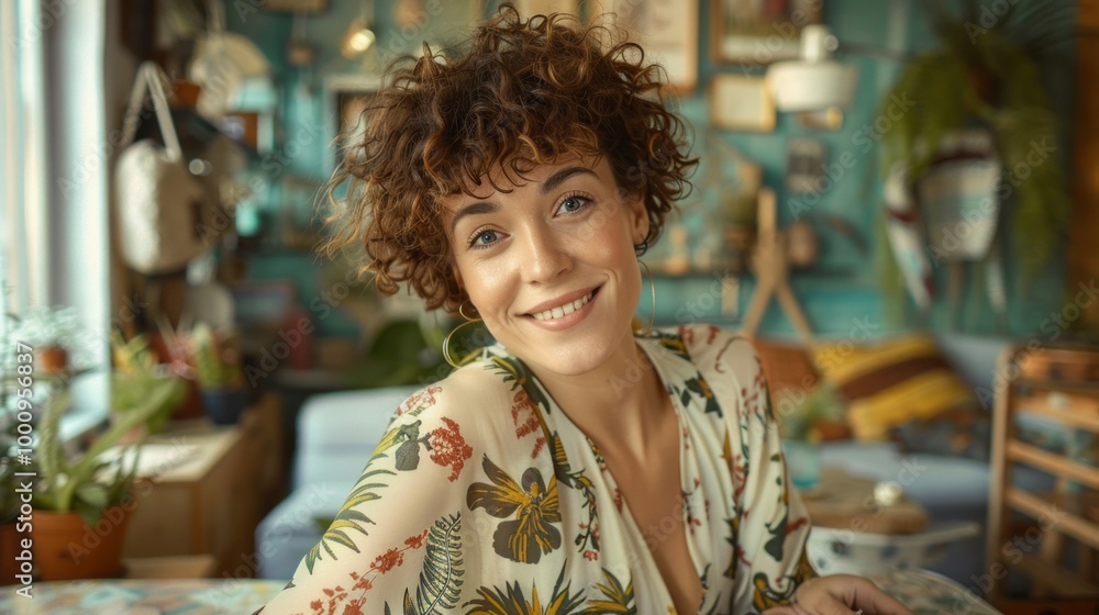A woman with curly hair is smiling in a floral print dress A woman with curly hair is smiling in a floral print dress