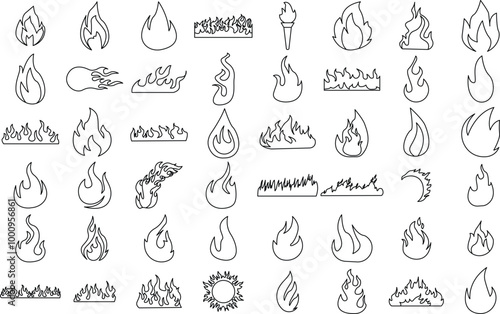 Classic fire flame tattoo icon set for logo and T-Shirt. Thin line art editable stroke.