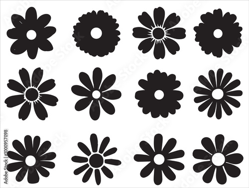Collection of botanical icon, vector flowers  icon, black and white silhouette illustration, botany style design. Perfect for branding, this illustration.