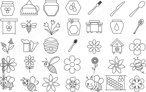 Honey beekeeping apiculture icon set for logo and T-Shirt. Thin line art editable stroke.