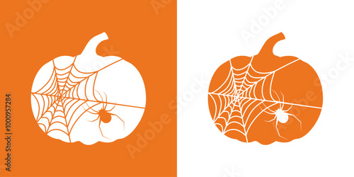 Logo con con tela de araña y araña en silueta de calabaza para tarjetas y felicitaciones de Halloween