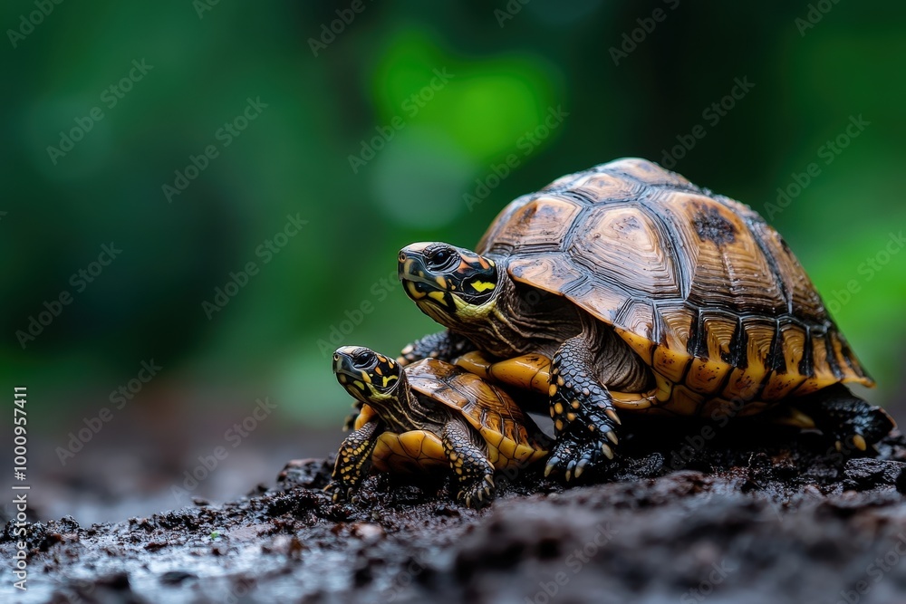 Image of two turtles, one larger than the other, climbing on a rugged rock amidst a lush, green natural setting. The larger turtle appears to be guiding the smaller one. Image of two turtles, one larger than the other, climbing on a rugged rock amidst a lush, green natural setting. The larger turtle appears to be guiding the smaller one.