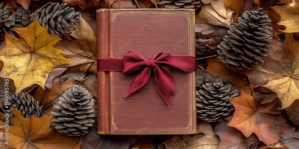 A maroon book with a red bow sits on a bed of autumn leaves and pine cones. A maroon book with a red bow sits on a bed of autumn leaves and pine cones.