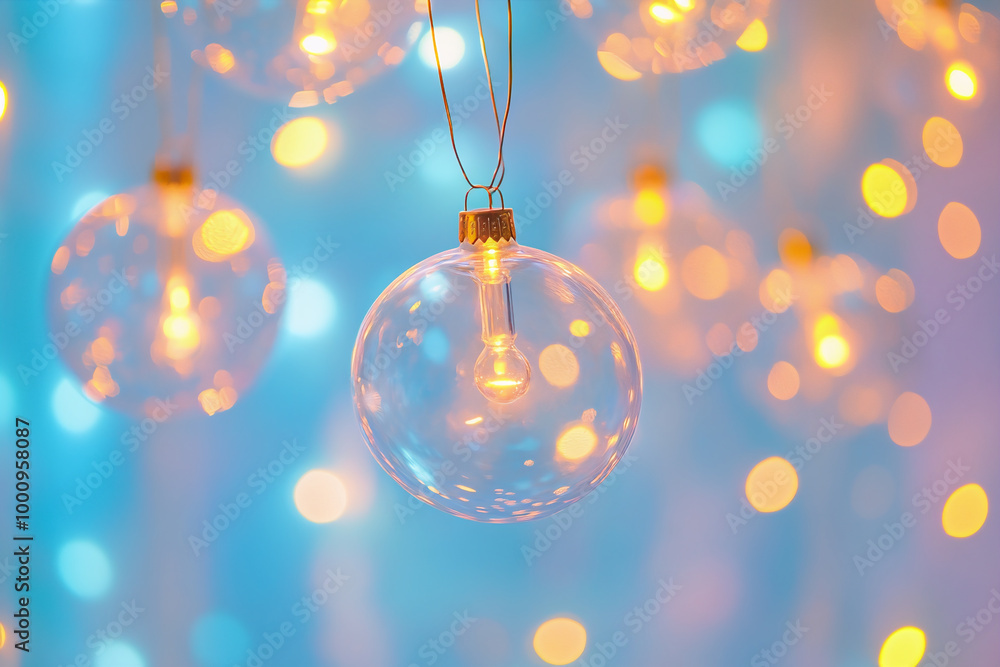 Christmas garland of multiple glass clear balls on a festive blurred pastel blue background Christmas garland of multiple glass clear balls on a festive blurred pastel blue background