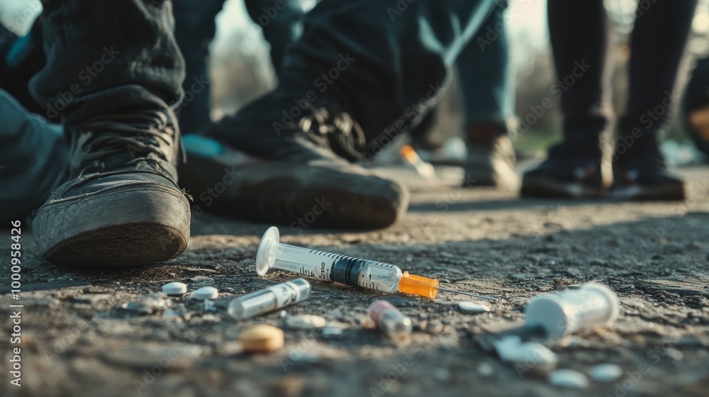 Addiction and drug use portrayed through addicts and syringes.