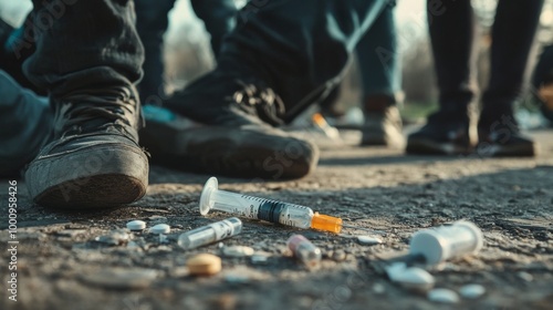 Obraz na płótnie Addiction and drug use portrayed through addicts and syringes. w salonie