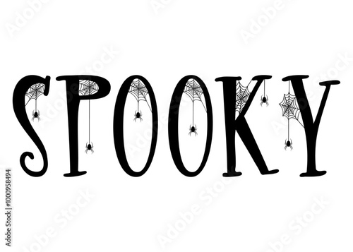 Logo con palabra SPOOKY con letras con tela de araña y araña colgando para tarjetas y felicitaciones de Halloween