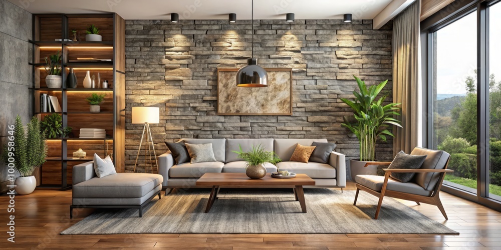 custom made wallpaper toronto digitalThe contemporary living room boasts elegant stone wall cladding, harmonized with chic furniture arrangements, fostering