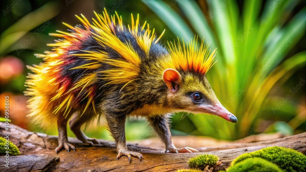 Fototapeta premium The Streaked Tenrec, showcasing its unique fur patterns, thrives in its natural habitat, embodying the essence of the diverse environment surrounding it.