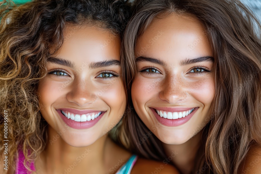 A beautiful close-up shot capturing two women with radiant smiles and stunning curly hair, showcasing their joyful expressions and positive energy. A beautiful close-up shot capturing two women with radiant smiles and stunning curly hair, showcasing their joyful expressions and positive energy.
