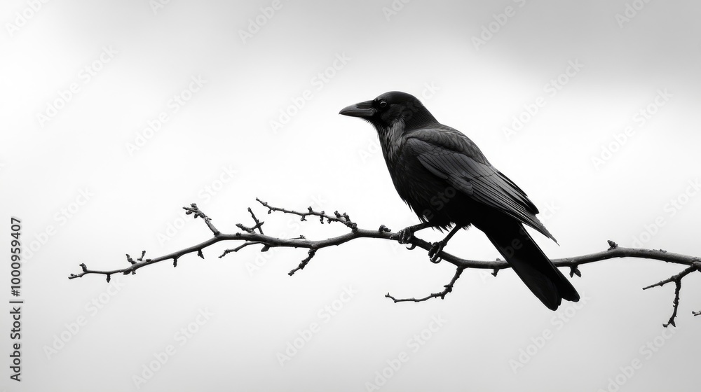 Fototapeta premium Raven perched on a bare branch against a cloudy sky
