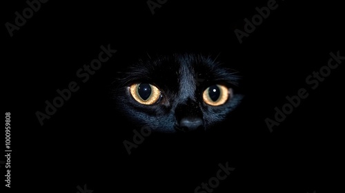 Mysterious black cat eyes glowing in darkness