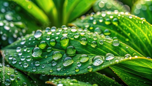 Vibrant green thurst plant leaves adorned with sparkling dew droplets create a stunning focal point against a softly blurred background of nature's rich textures and colors. photo